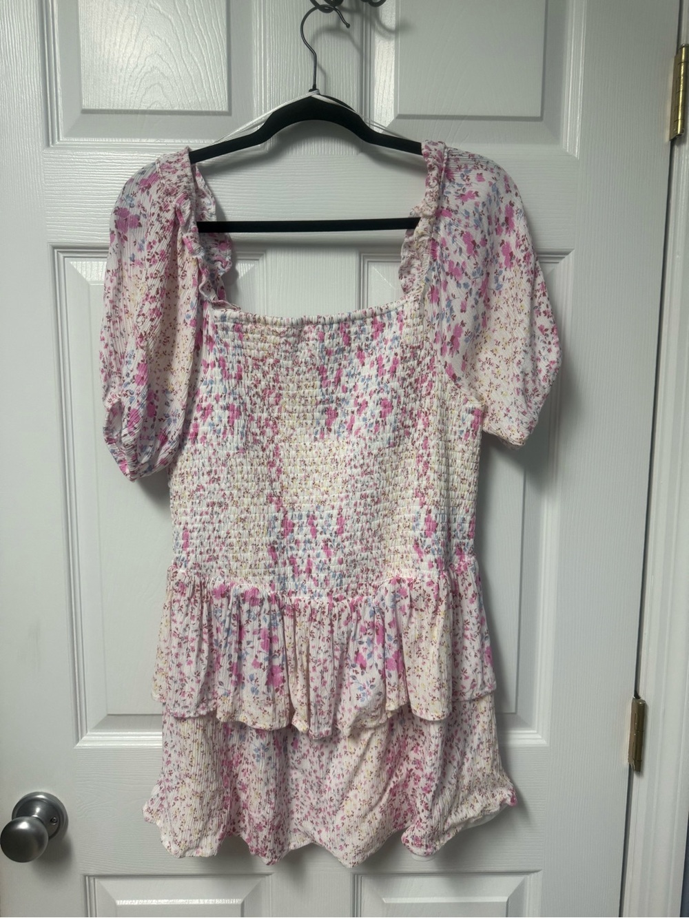 Japna White Smocked Top with Pink Floral Accents
